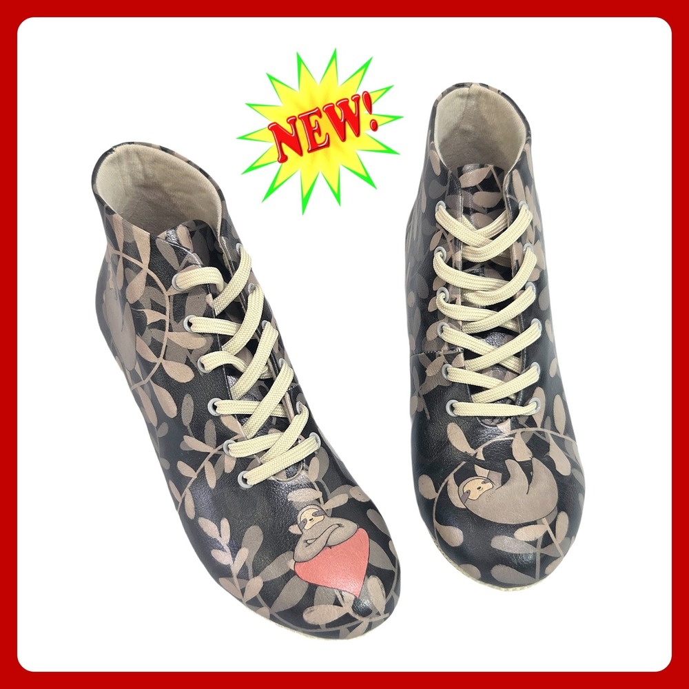 DOGO Sloth Print Ankle Boots Vegan Leather Graphic Shoes US 6.5‎ EU 37 New